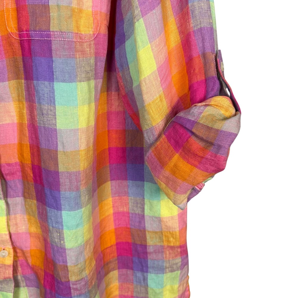 Lands End Linen Shirt Womens 1X Rainbow Madras Plaid Button Down Colorful Preppy - Picture 9 of 11